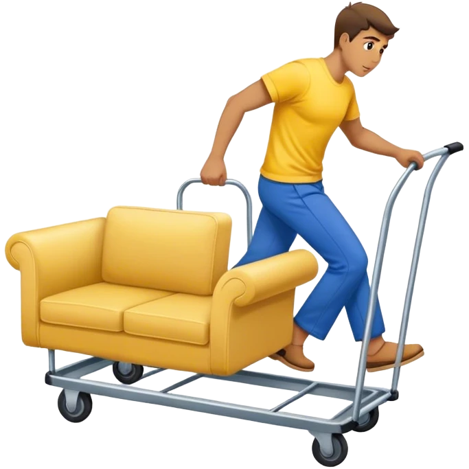 man in blue pants and yellow t-shirt, moving a sofa on trolly emoji