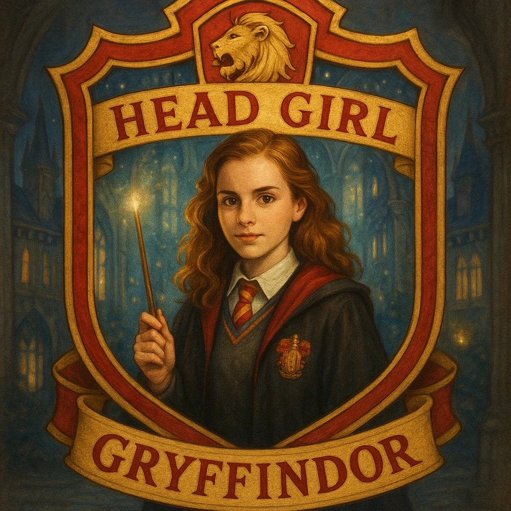 A Gryffindor head girl badge, with a girl in a Hogwarts uniform holding a wand, surrounded by a red and gold border, and a lion symbol, in a magical school setting. emoji