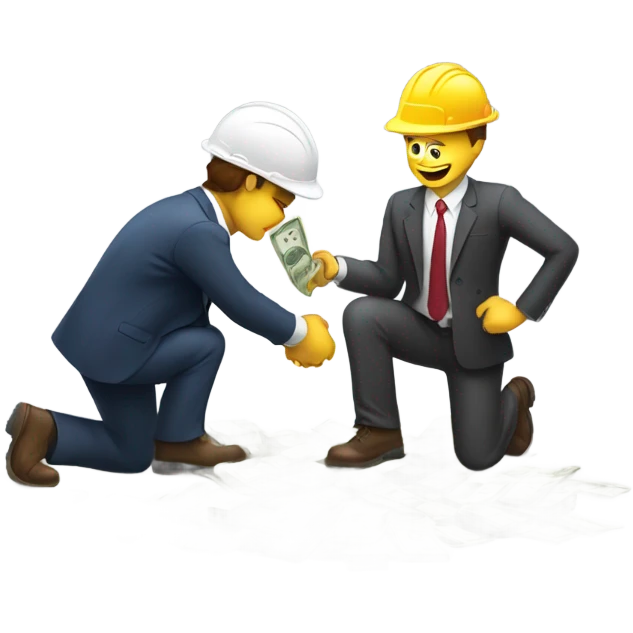 A guy in a suit receiving money from a guy on the ground, but the guy on the ground is a construction worker, the guy with the suit does not have a hat emoji