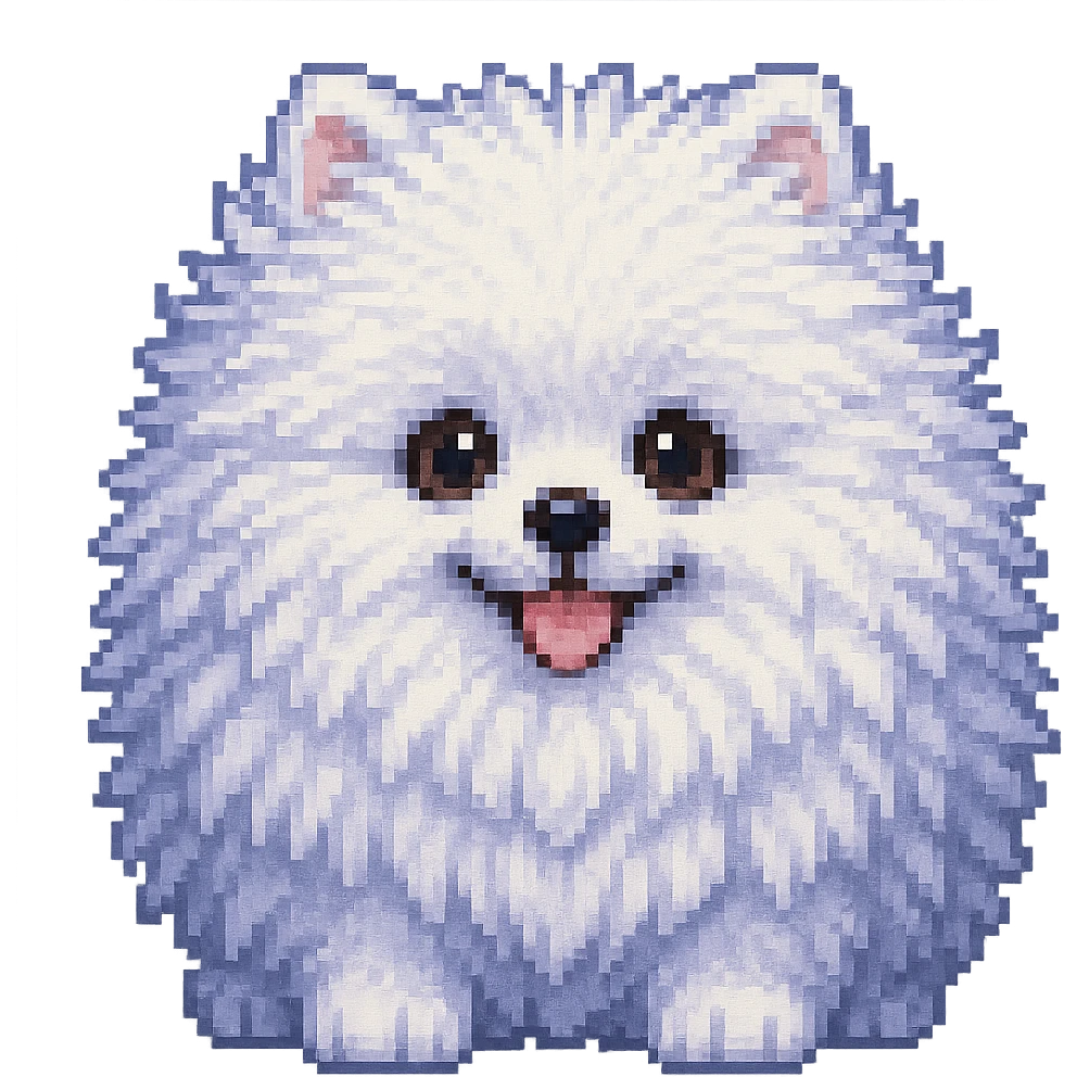 Make the white Pomeranian much fluffier and cuter in pixel art style, with no background. Preserve the pixel art aesthetic and enhance fluffiness and cuteness. emoji