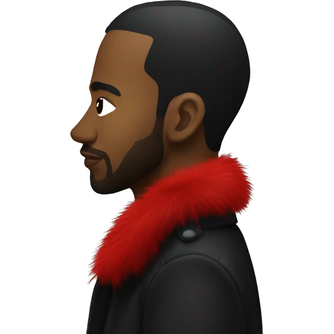 side profile of a hip hop artist wearing a black coat with a red furry collar emoji