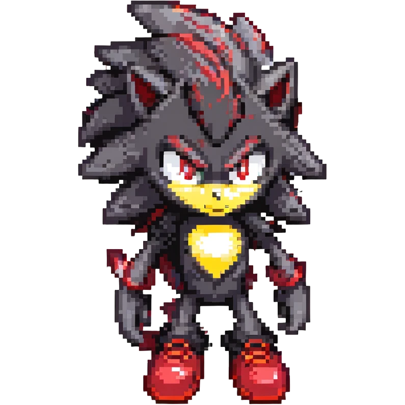 Shadow the Hedgehog with red eyes, black fur with crimson highlights, standing on cracked asphalt, flickering streetlights, distant city, dusk atmosphere, glowing red shoes emoji