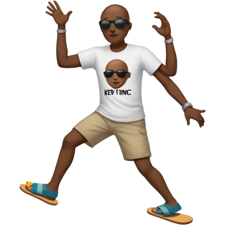  Black bald man with shades dancing in men’s black flip flops with Kev the comic written on his shirt brown flip flops  emoji