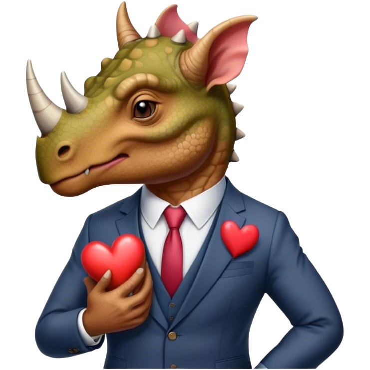 old triceratops in a suit holding a big heart emoji