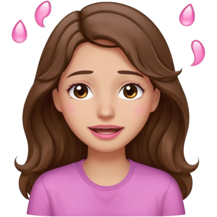 girl with wavy long brown hair, brown eyes, light to medium complexion, long lashes, light pink lipstick, wearing light pink shirt, smiling, crying with big pink tears coming down the face emoji