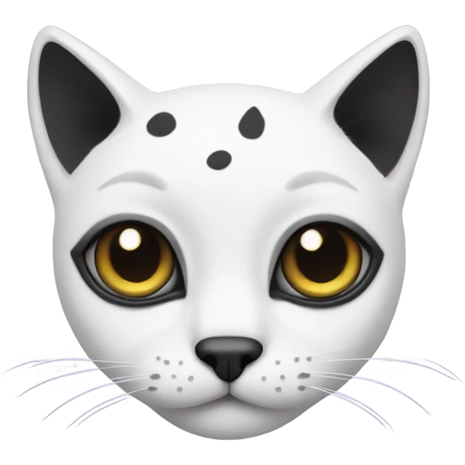 White cat with a few large black spots and black ears and a half of a black mustache on left side  emoji