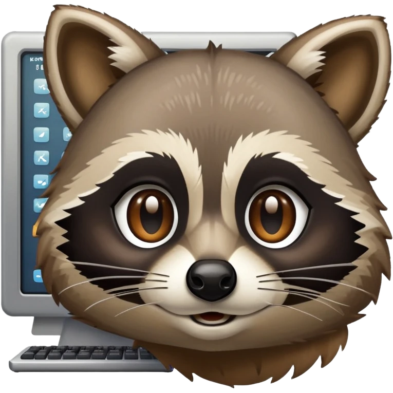 Racoon face with computer terminal window in background (right corner) in Apple emoji style. The terminal window display code "<>Albert API<>" 
 emoji