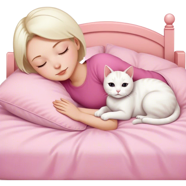 White cat sleeping with white girl short hair in pinky bed  emoji