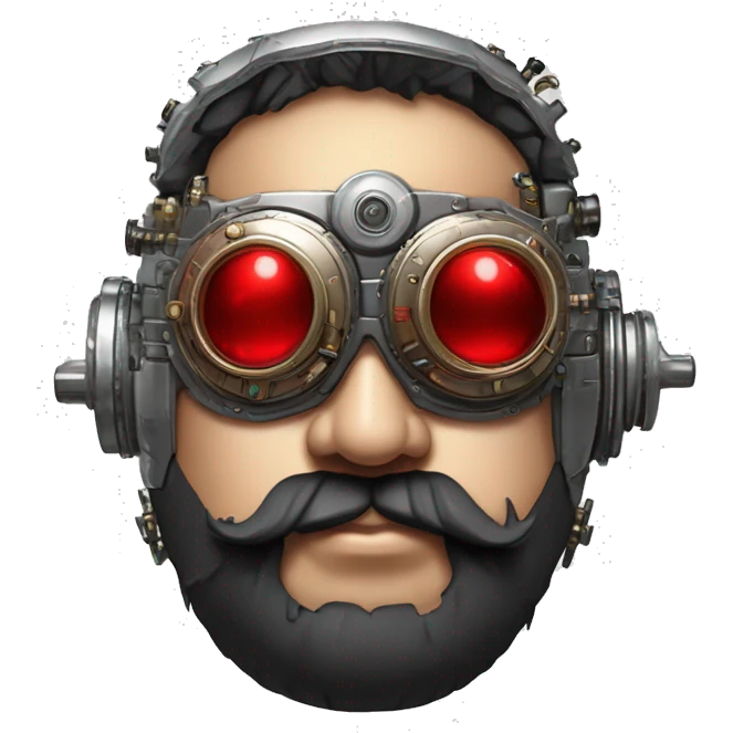 Fat cyborg head with red silver steampunk goggles, black beard and circuits emoji