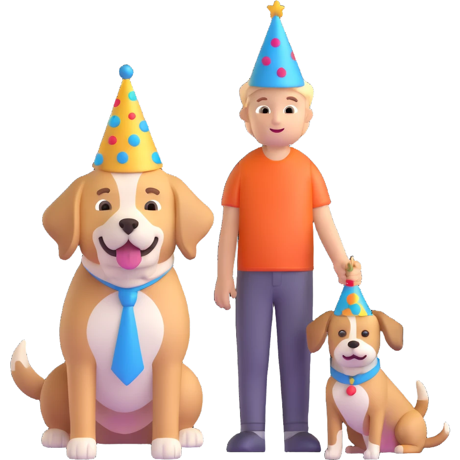 boy and his dog at party with party hats emoji