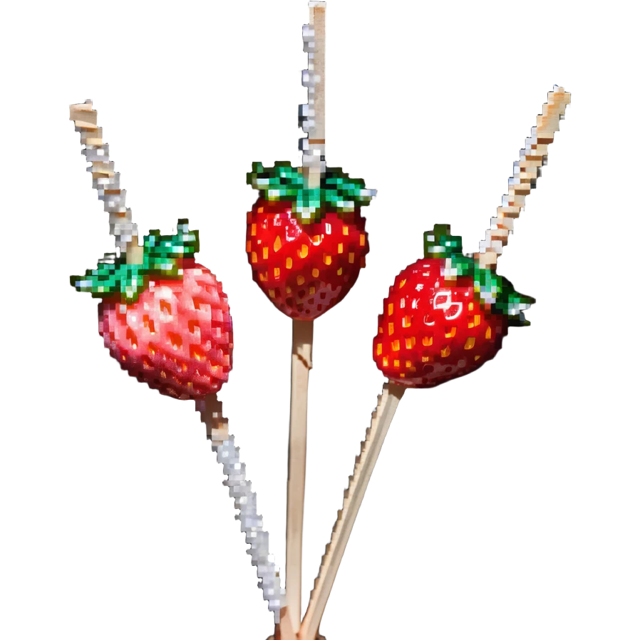 wooden skewer with three strawberries coated in shiny sugar glaze emoji