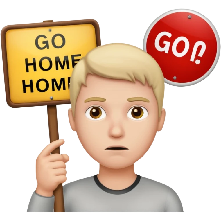A white person holding a sign that says go home emoji