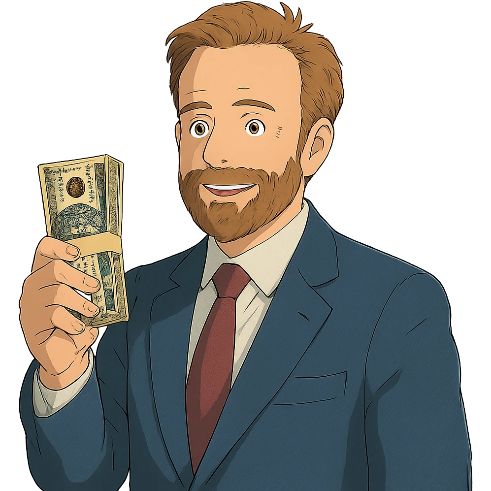 ghibli style Nikolai Astrup, Norwegian politician, holding a pack of money in his hand emoji