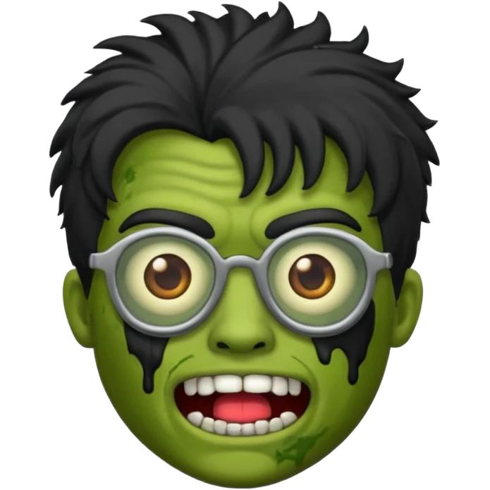 Crie um zumbi estilo emoji do iPhone com cabelo ondulado masculino com camiseta preta e óculos de grau preto emoji