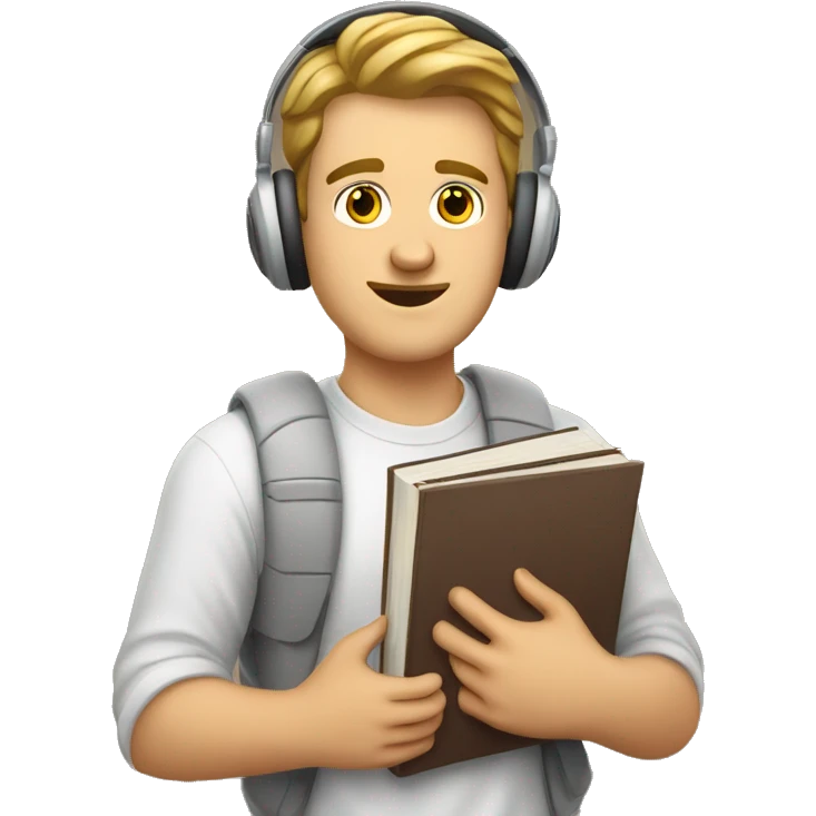 A white guy is a university student with books in his left hand, textbooks in his right hand, headphones

 emoji