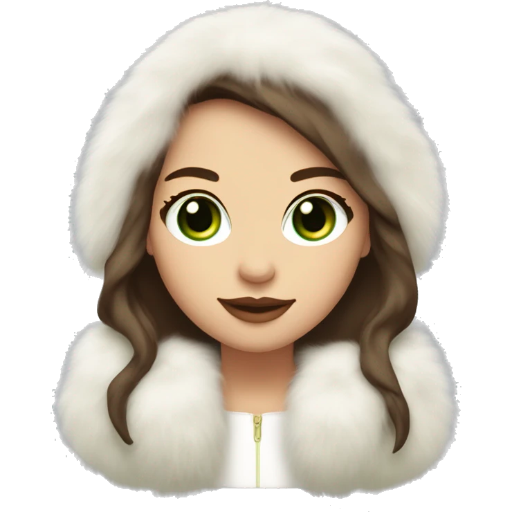 girl with long straight brown hair and big lips and a light skin color and green eyes wearing fluffy white ear muffs and a white fur coat  emoji