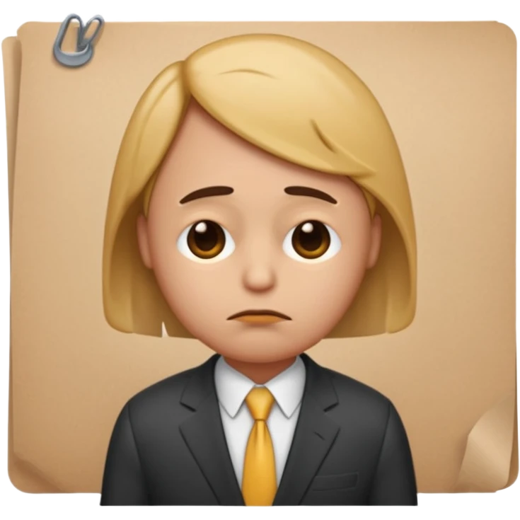 emoji character wearing a suit. face has a very sad, disappointed expression with drooping eyebrows and half-closed eyes. posture is dejected, with slumped shoulders just rejected from his interview to get a job, holding cv emoji