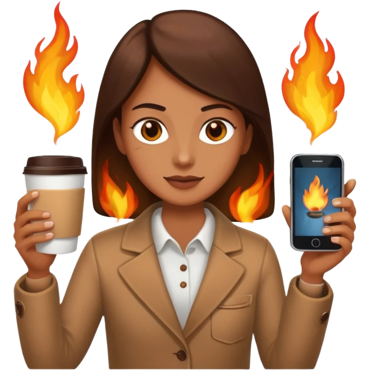 Holding two coffees and a phone on fire emoji
