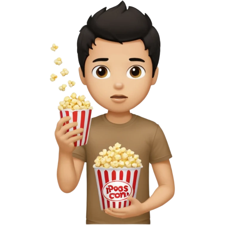 generate a pretty tan bratz boy with a brown tshirt on. eating popcorn. messy black hair emoji