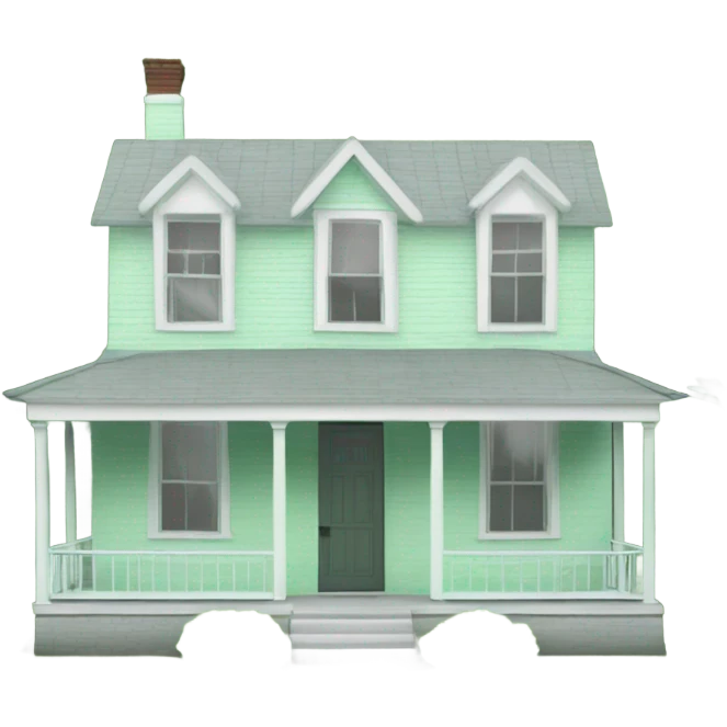 One story house mint green with gray roof. One window and white porch One tree in front yard  emoji