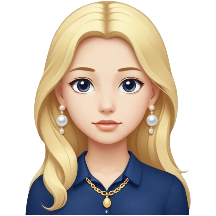 White girl with long blonde hair with a form fitting navy blue shirt with a dainty gold chain and pearl earrings. Make the earrings studs. emoji