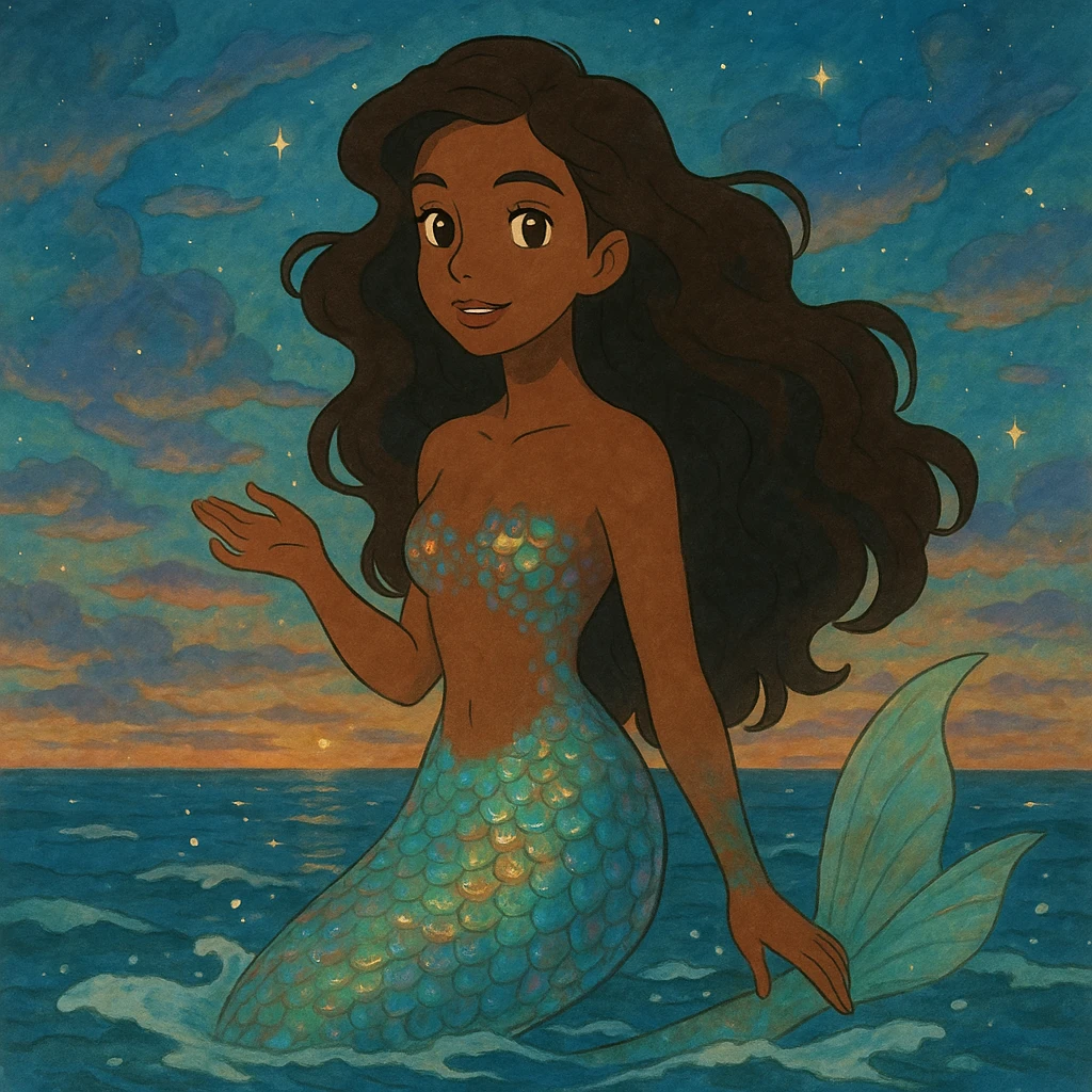 mermaid with pretty brown skin and iridescent scales, magical and whimsical atmosphere, ghibli style emoji