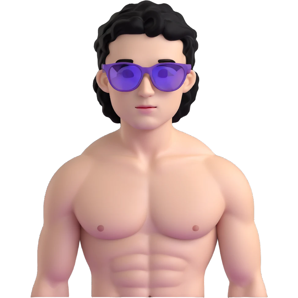shirtless male athlete with white skin and moderately curly black hair on top with shaved sides, wearing purple sunglasses with black tinted lenses emoji