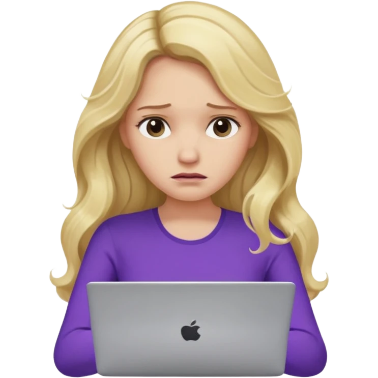 lady with long blonde wavy hair, purple top throwing her with a laptop looking defeated emoji