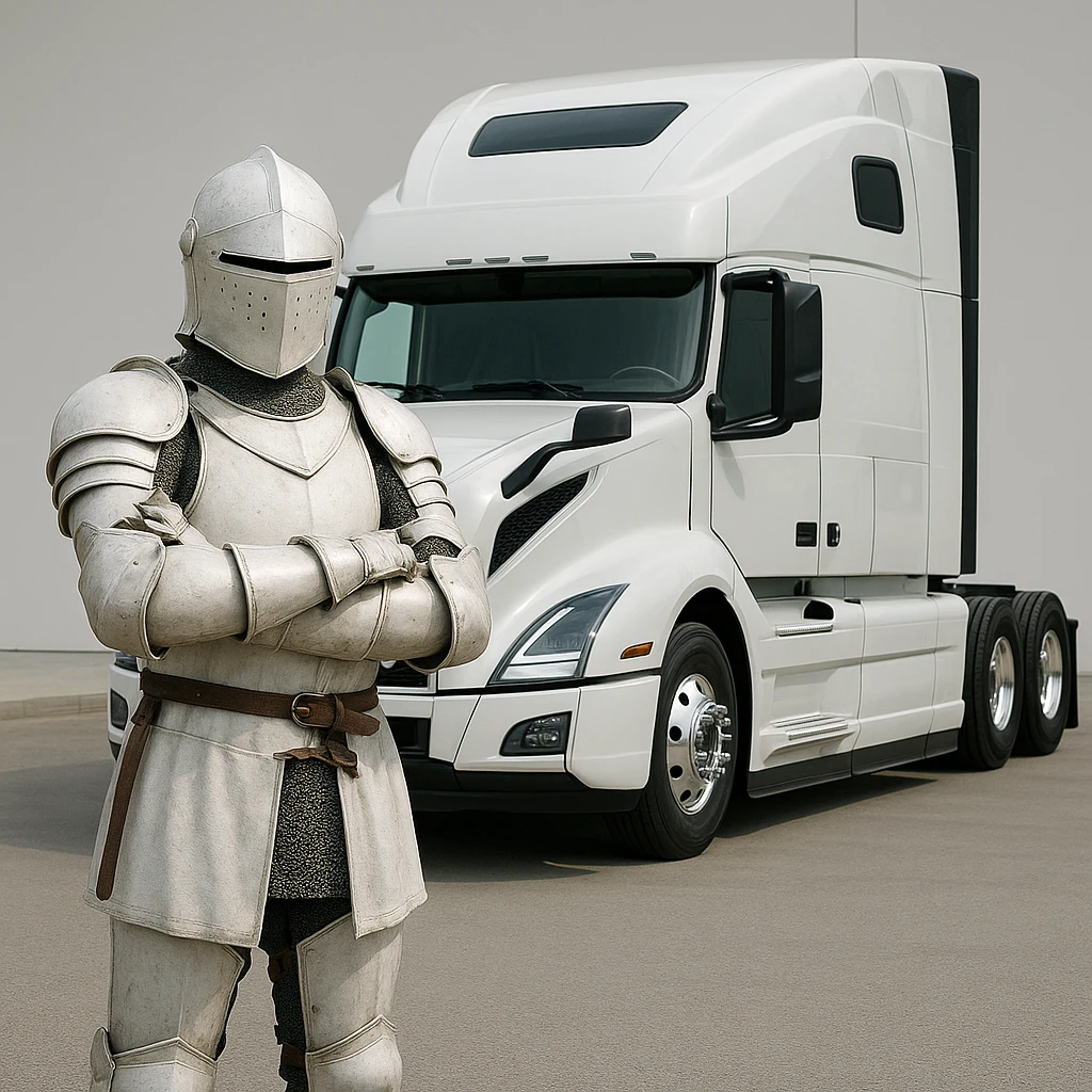 a white knight standing in front of a 2022 white Volvo semi sleeper truck, detailed, modern, clean background emoji
