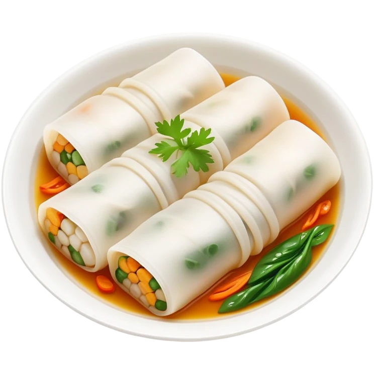 Hangzhou Pian Er Chuan thin rice noodle rolls with fillings, simplified emoji style with bold outlines and bright colors, cartoon style Zhejiang specialty resembling Cheung Fun emoji