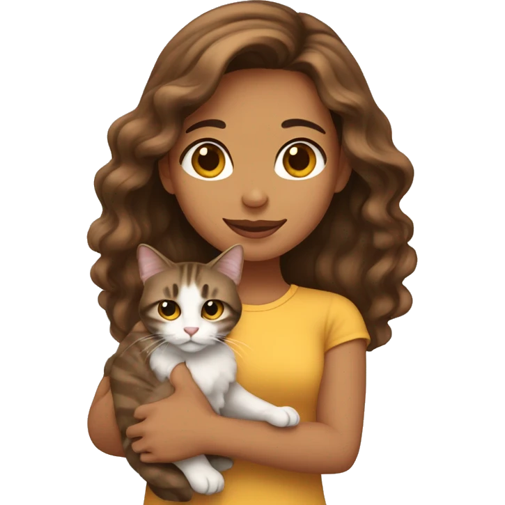 Long brown-haired Latina girl holding long haired tabby cat emoji