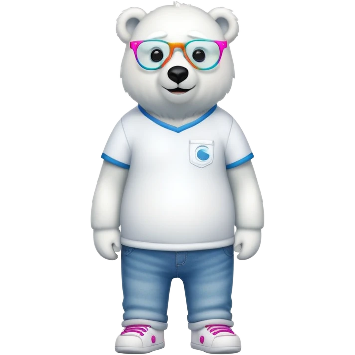 friendly anthropomorphised polar bear standing upright, looking chilled and unbothered, wearing a shirt, jeans, trainers, and spiral-shaped colorful glasses emoji