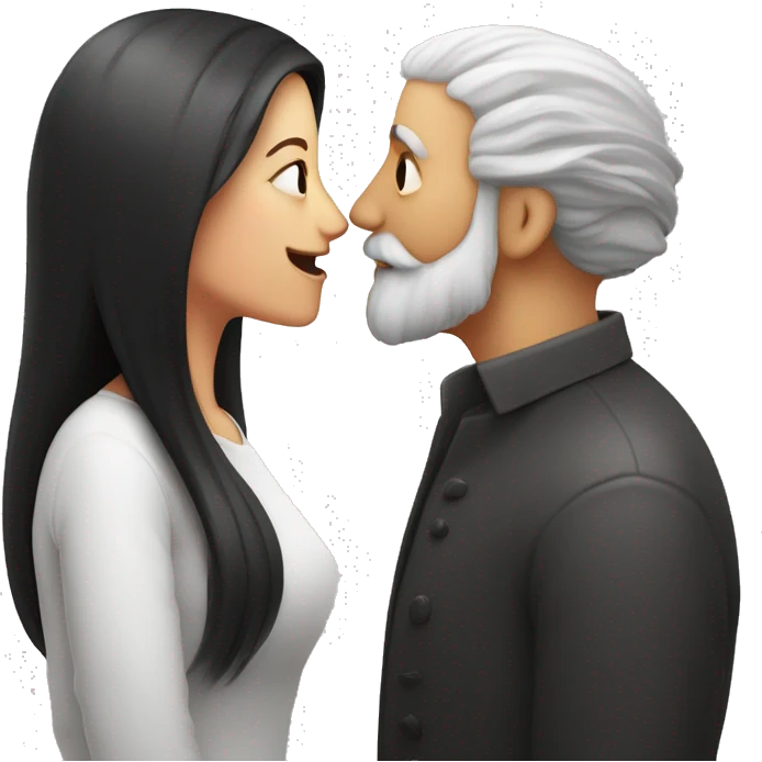 Red hearts are flying and Bald and gray beard man kisses from lips of  long black hair white woman emoji