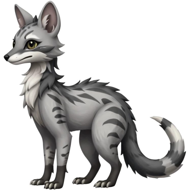 Feral Rare Fantasy ashen grey fur with smoky charcoal ombré fade   Vernid-Sergal-Genet-Trico-species by LiLaiRa, random markings, tufted tail, tufted ears, full body emoji
