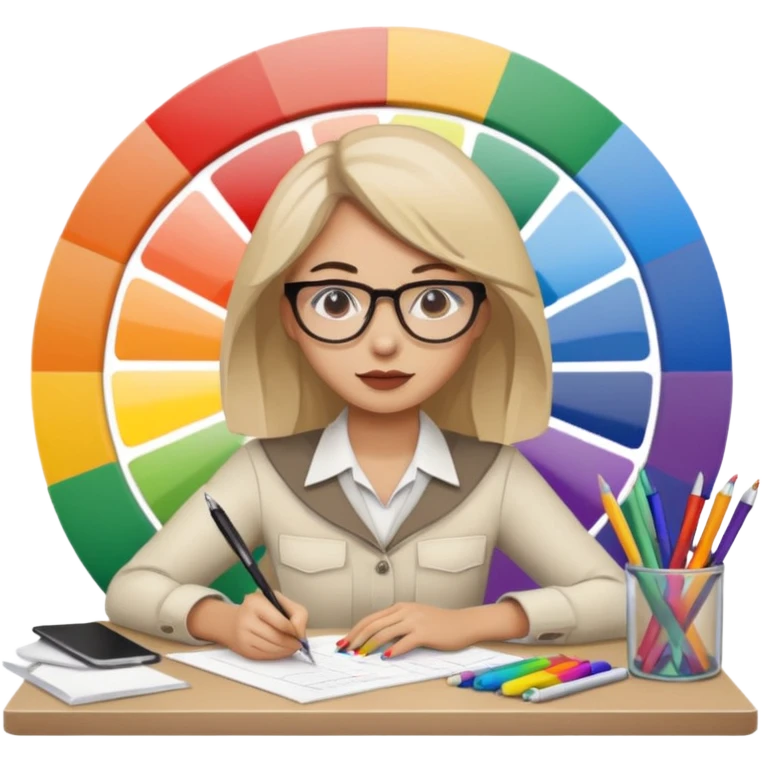 female graphic designer , color wheel, pens, papers , desktop emoji
