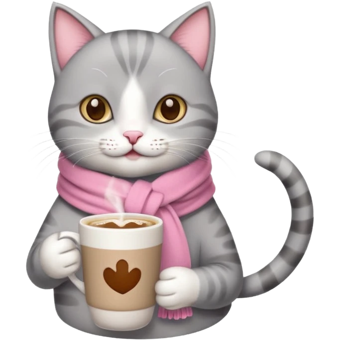 Happy gray Cat with pink scarf holding in its front two paws a hot latte in a white mug emoji