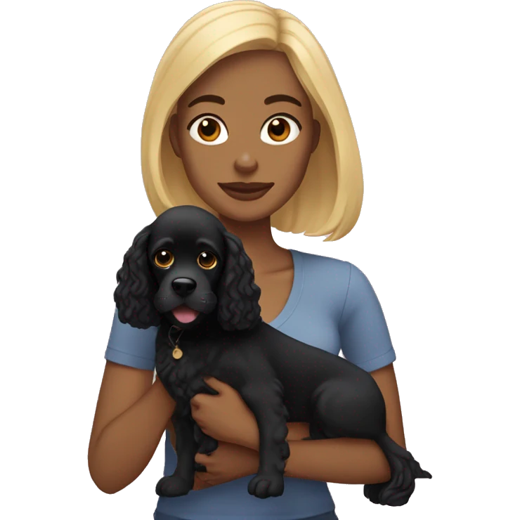 Mixed race woman with blonde hair holding black cocker spaniel emoji