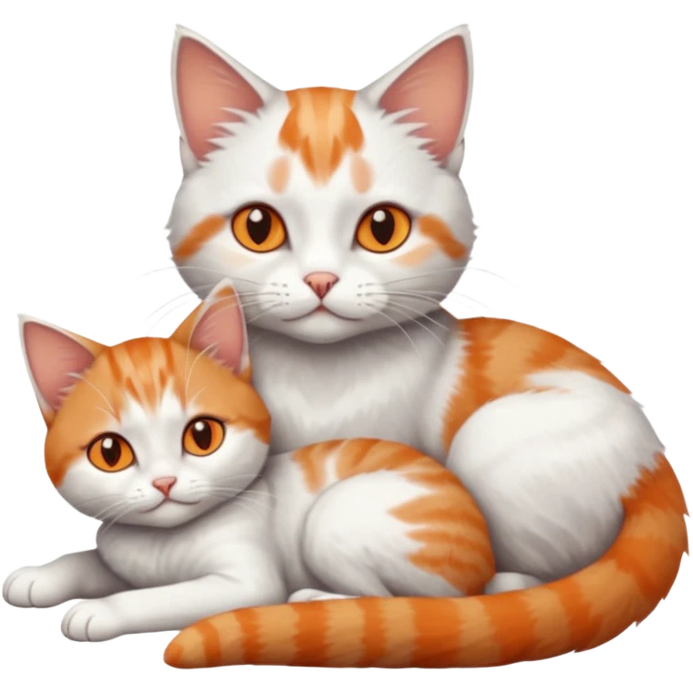 full body of a grey and white cat cuddling a very small + skinny ginger and white kitten with deep orange eyes and triangular shaped face lying down emoji