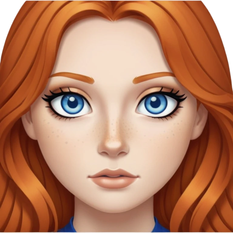 ginger hair, blue eyes, freckled, baddie,pretty makeup, strong makeup, black eyeliner, long hair emoji