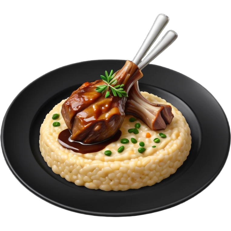 Lamb Shanks with Risotto Nero on a black plate emoji