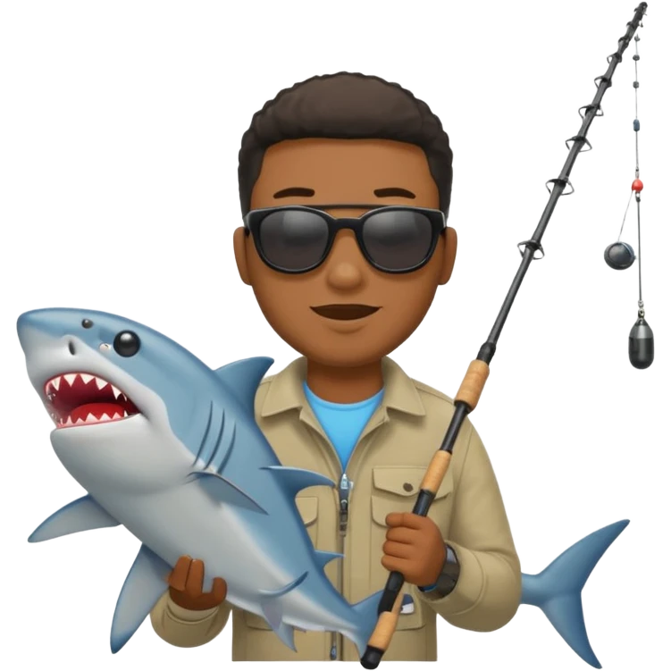 Black man catching a shark with a fishing pole, emoji style emoji