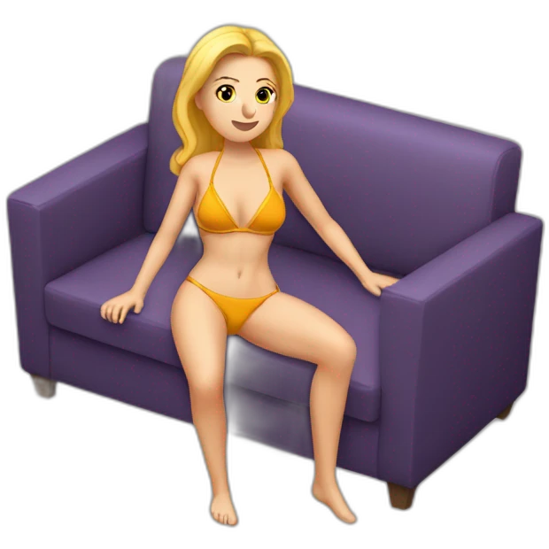 Soft-fit Caucasian woman bikini abs (hands-in-hair pose) (full body) couch emoji