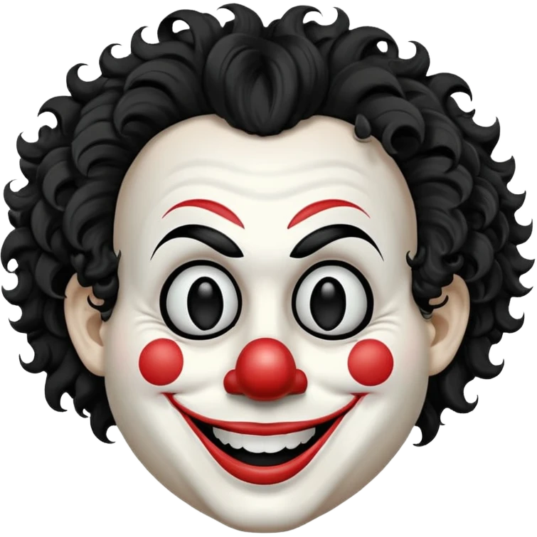 generate white clown mask emoji with a big curly black hair 

wide black coloured smile, no red nose but instead long and pointy white nose with no nostrils, pitch black eyes with no pupils, no brows emoji