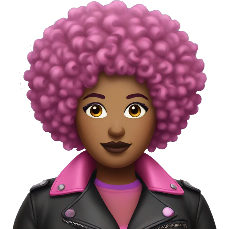 Plus size black woman with short  pink curly afro and a purple leather biker jacket with makeup on face. emoji
