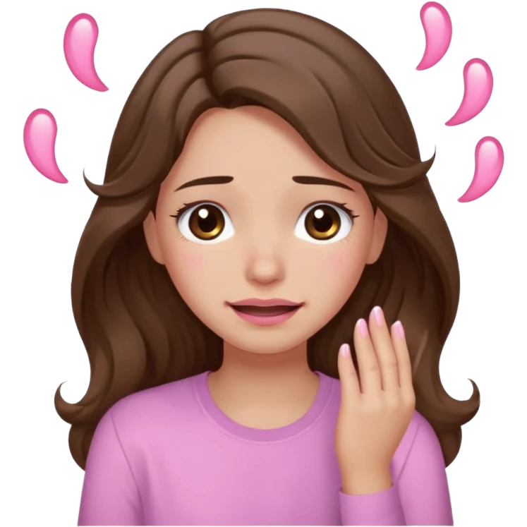girl with wavy long brown hair, brown eyes, light to medium complexion, long lashes, light pink lipstick, wearing light pink shirt, smiling, crying with big pink tears coming down the face emoji