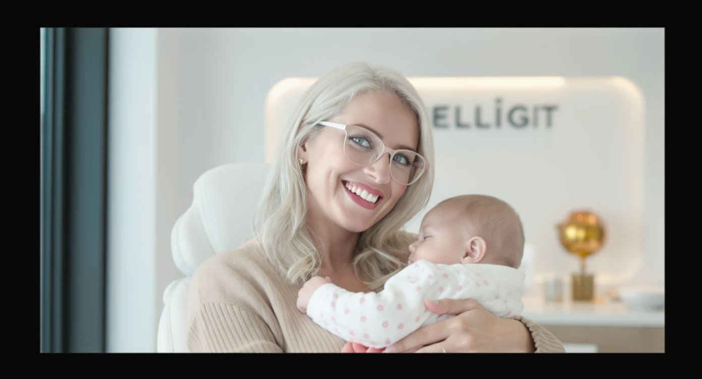 Cinematic still, Proffesional advertising of a smiling european white woman with glasses smiling holding baby, minimalistic ophthalmologist interior in background, leading  lines, "rule of thirds", 60/30/10 colors, soft light, warm colors, frame within a frame emoji