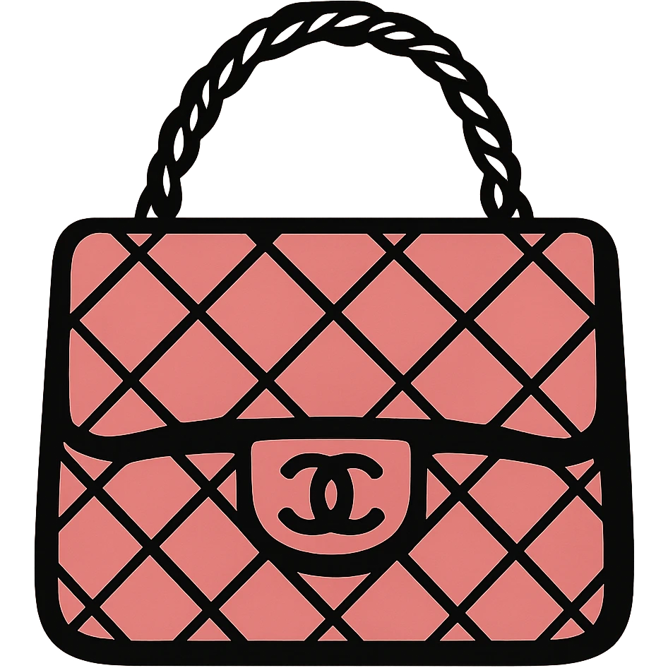 a pink Chanel purse, minimal and chic, black and beige color scheme emoji
