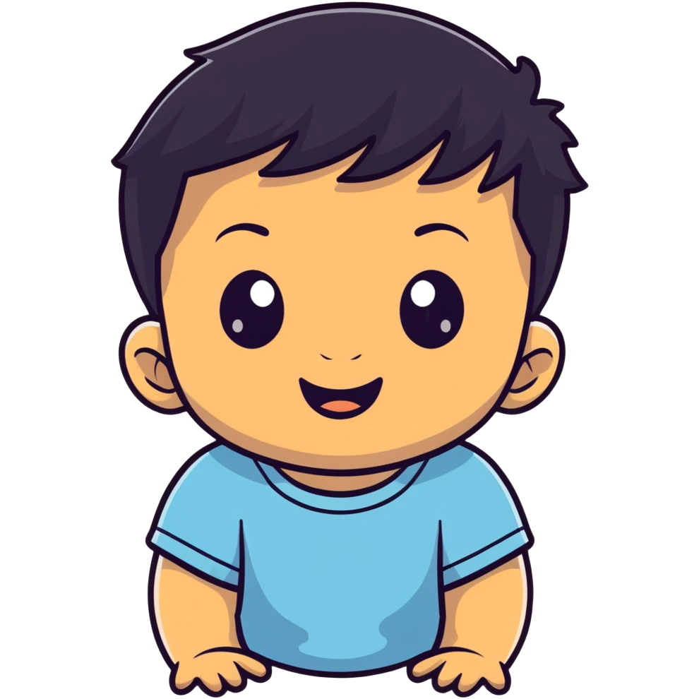 Smiling baby boy face with big eyes, medium skin tone, and black hair emoji