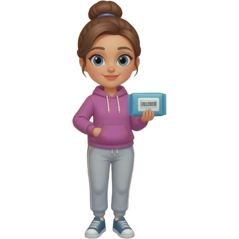 beautiful woman in a sweatshirt, sweat pants and a bun picking up her package outside her door emoji