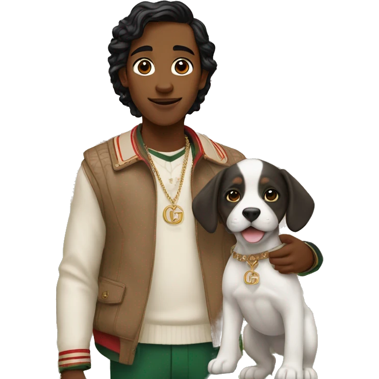 A cute but with an Indian skin color wearing Gucci and standing infront of a modern Indian mansion. The boy is holding a cute puppy emoji